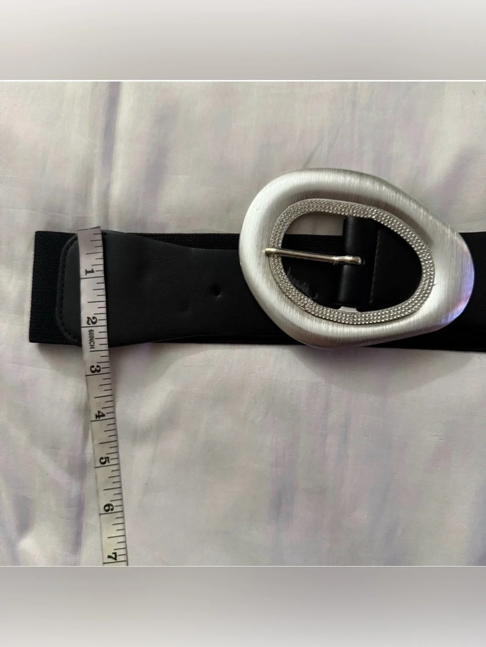 Black PU leather silver tone buckle rhinestone details elastic waistband belt
